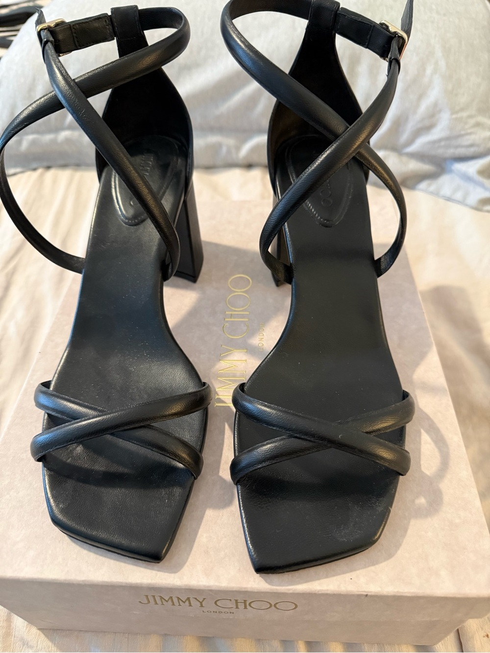 Jimmy Choo Black Leather Crisscross Strap Block Heels